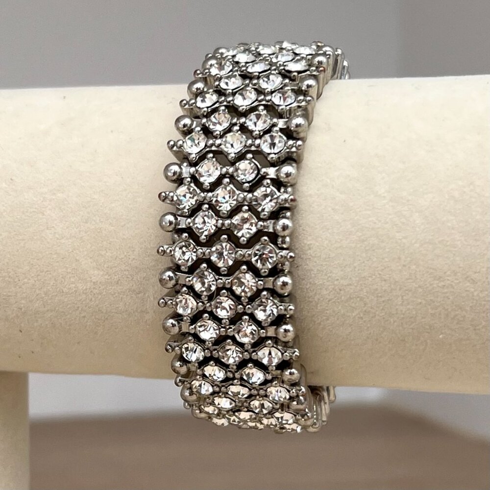 Vintage White Rhinestone Silver-tone Metal  1" Wide Stretch Bracelet / Showgirl - Picture 8 of 14